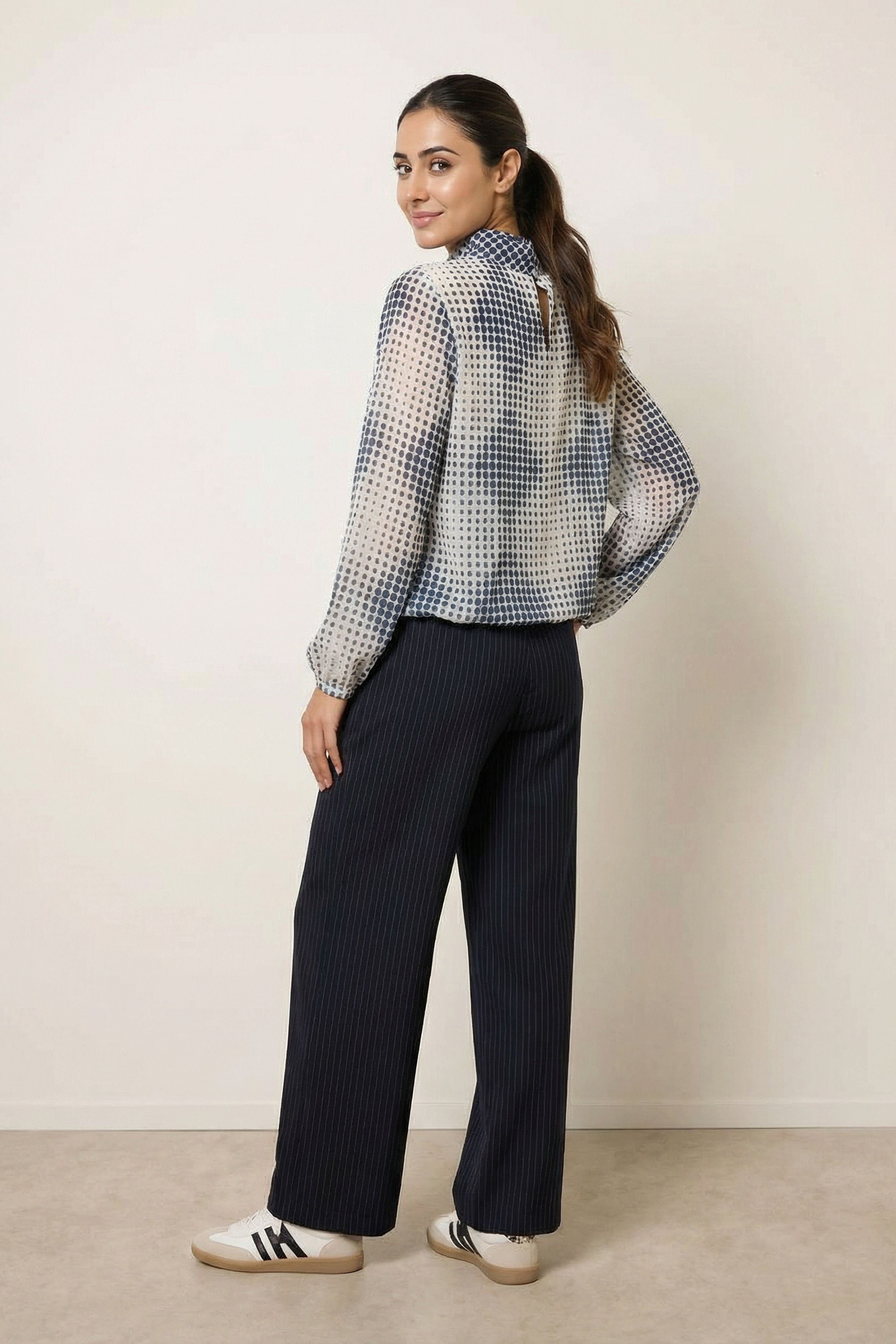 Blue Vanilla Blue Spot Print Puffball Cowl Neck Blouse