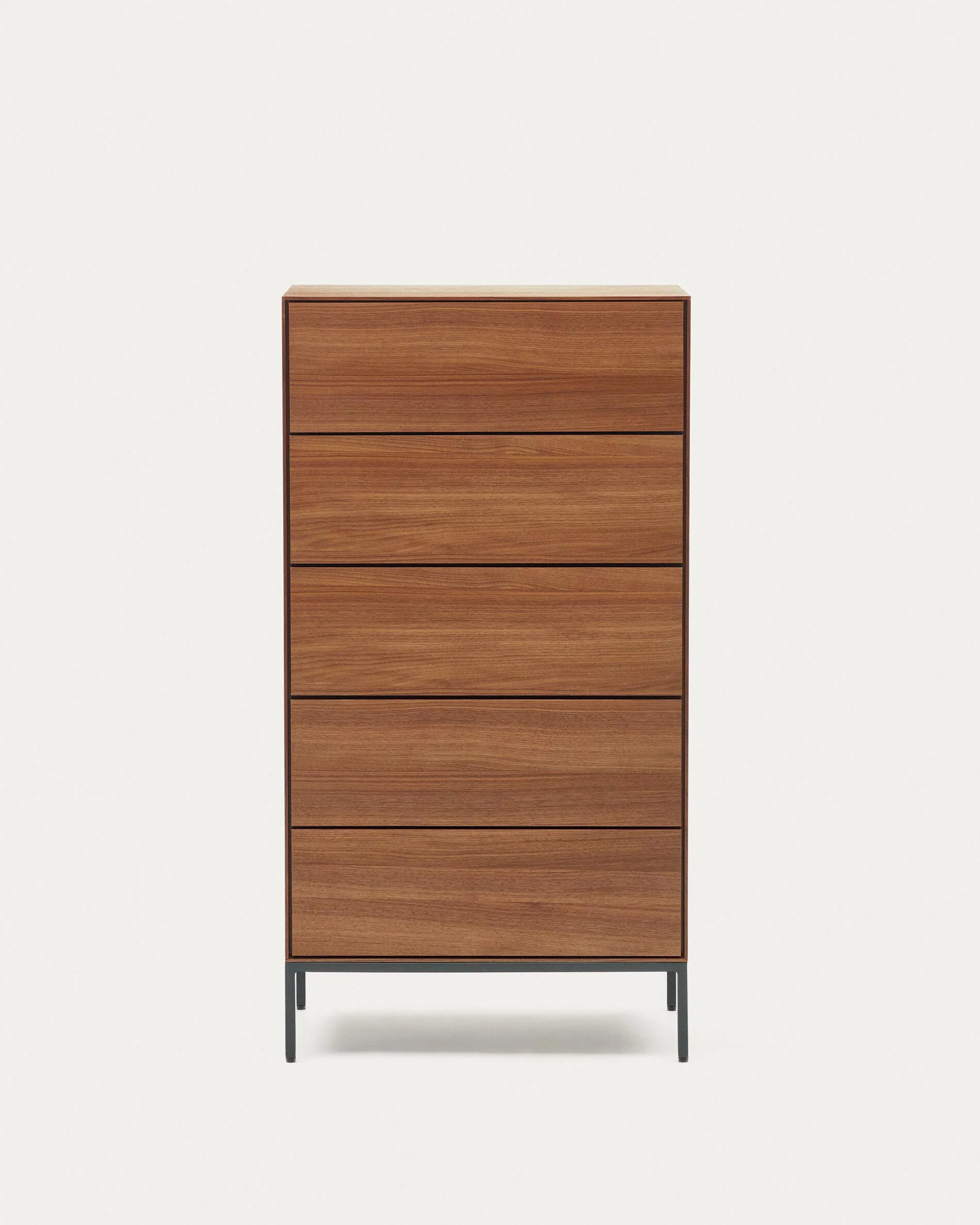 Vedrana 5 drawer chest of drawers in walnut veneer with black steel legs, 60 x 114 cm