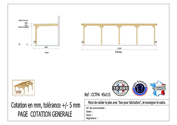 Carport toit plat adossé 450cmx1150cm bois DOUGLAS français (charpente - auvent - abri camping-car). 52 m². Garantie 10 ans.