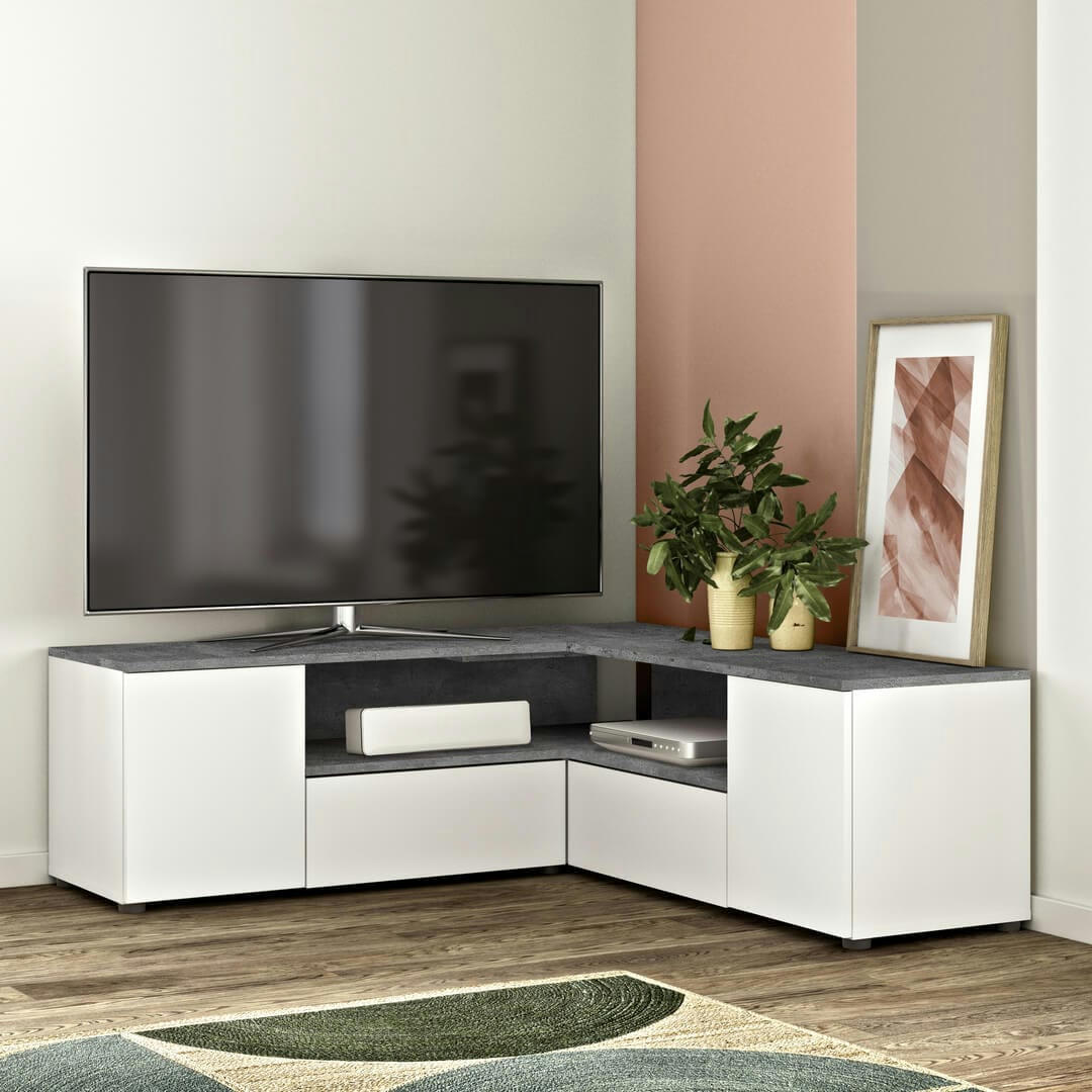 ANGLE - Meuble TV effet bois blanc et béton