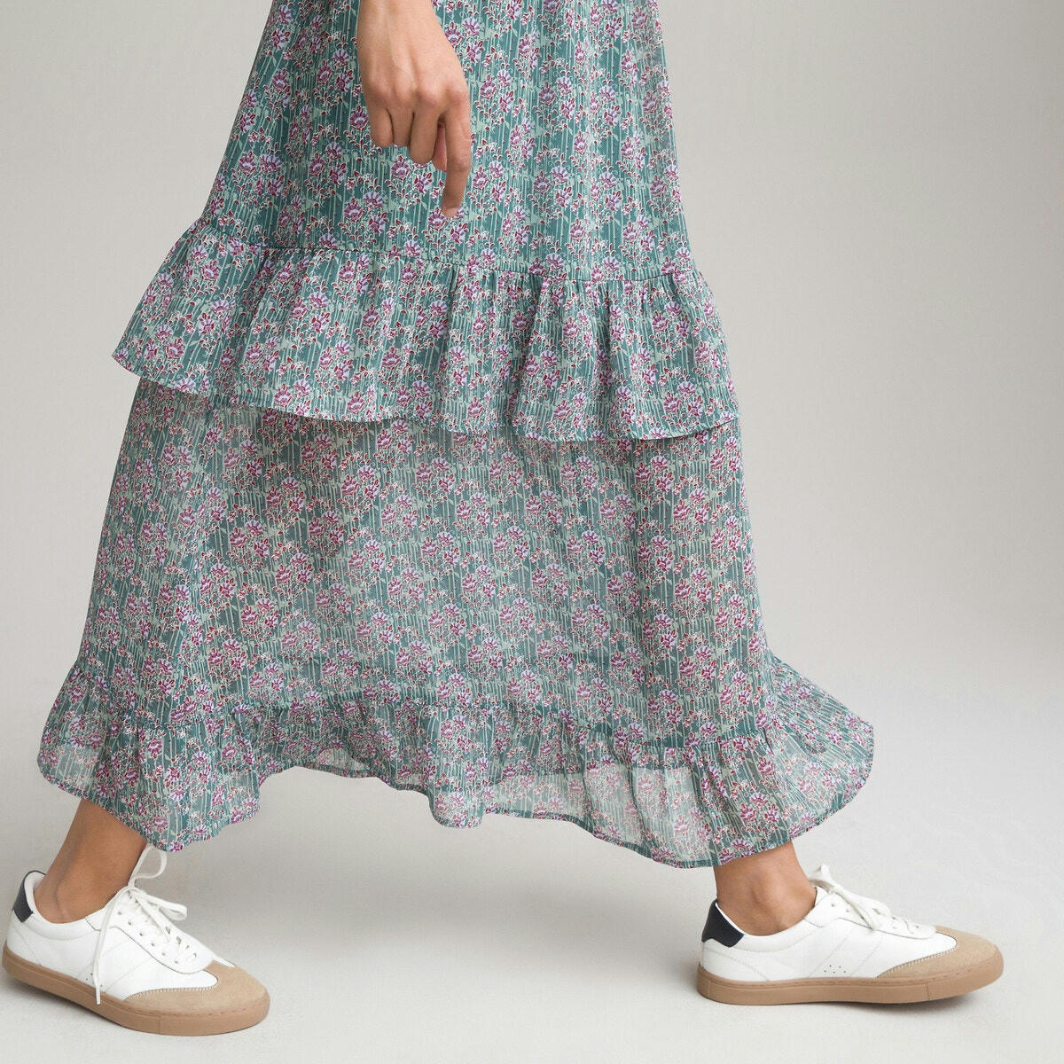 Jupe maxi longue à volants, voile imprimé fleurs
