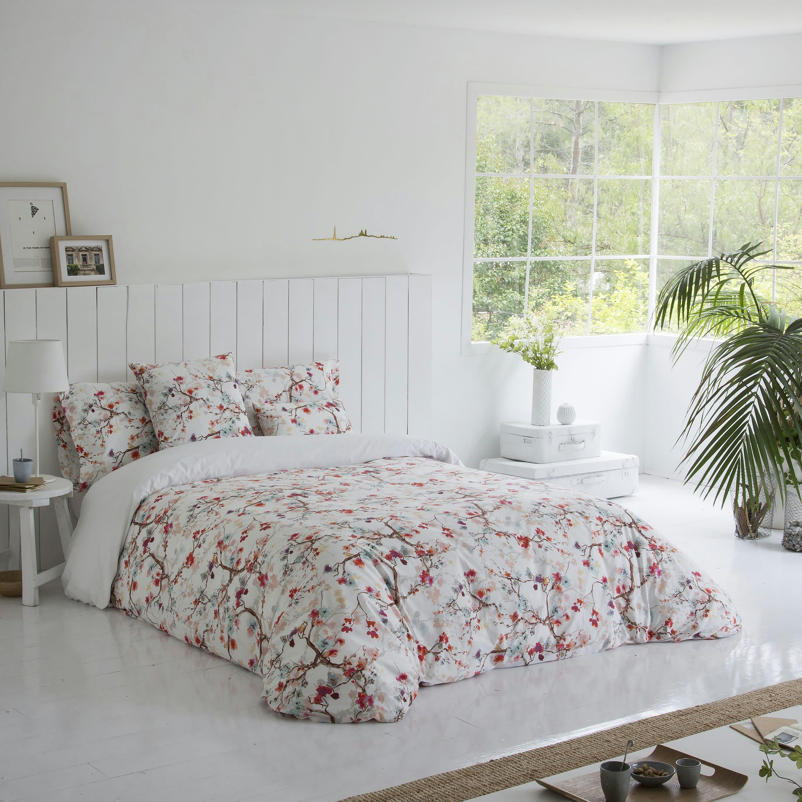 DANHA - Housse de couette imprimé floral en percale Coton Rouge 150x220 cm