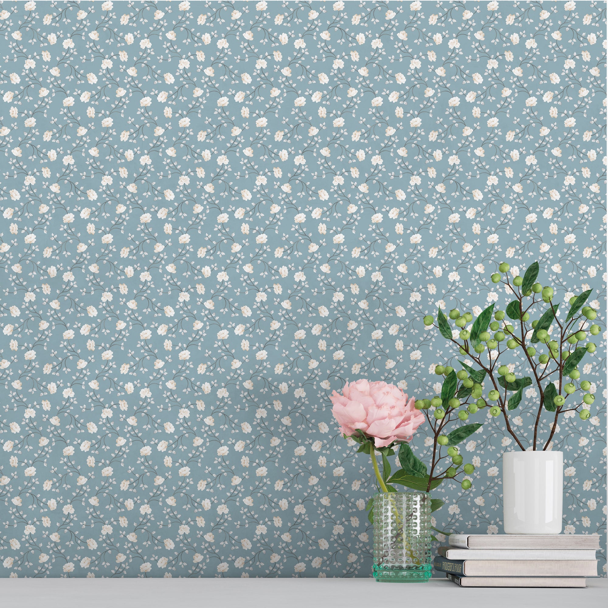 Sanders & Sanders behang bloemetjes vergrijsd blauw en wit - 53 cm x 10 m - 640183