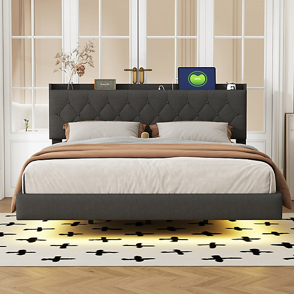 Lit Double 160x200 cm - Lit avec USB Intégré et éclairage LED Changeant, avec Rangement, Tissu Lin Gris, Sans Matelas
