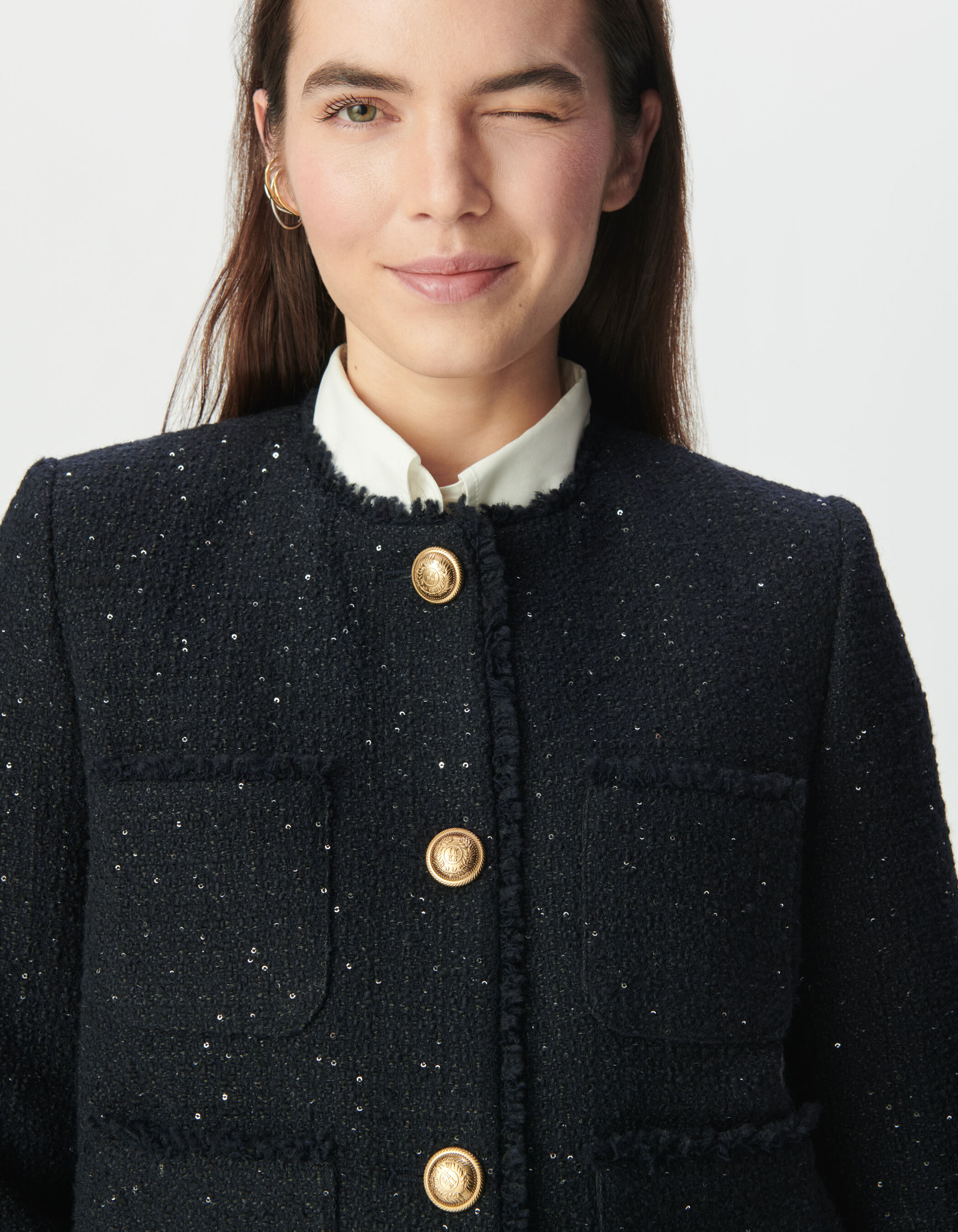 Veste courte marine effet tweed et sequins brodés Femme