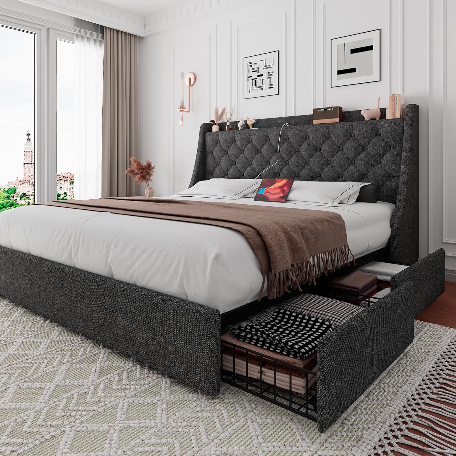 iPormis Queen Bed Frame with 4 Storage Drawers, Upholstered Platform Bed Frame with Type-C & USB Ports, Wingback Storage Headboard, Solid Wood Slats, No Box Spring Needed, Dark Gray