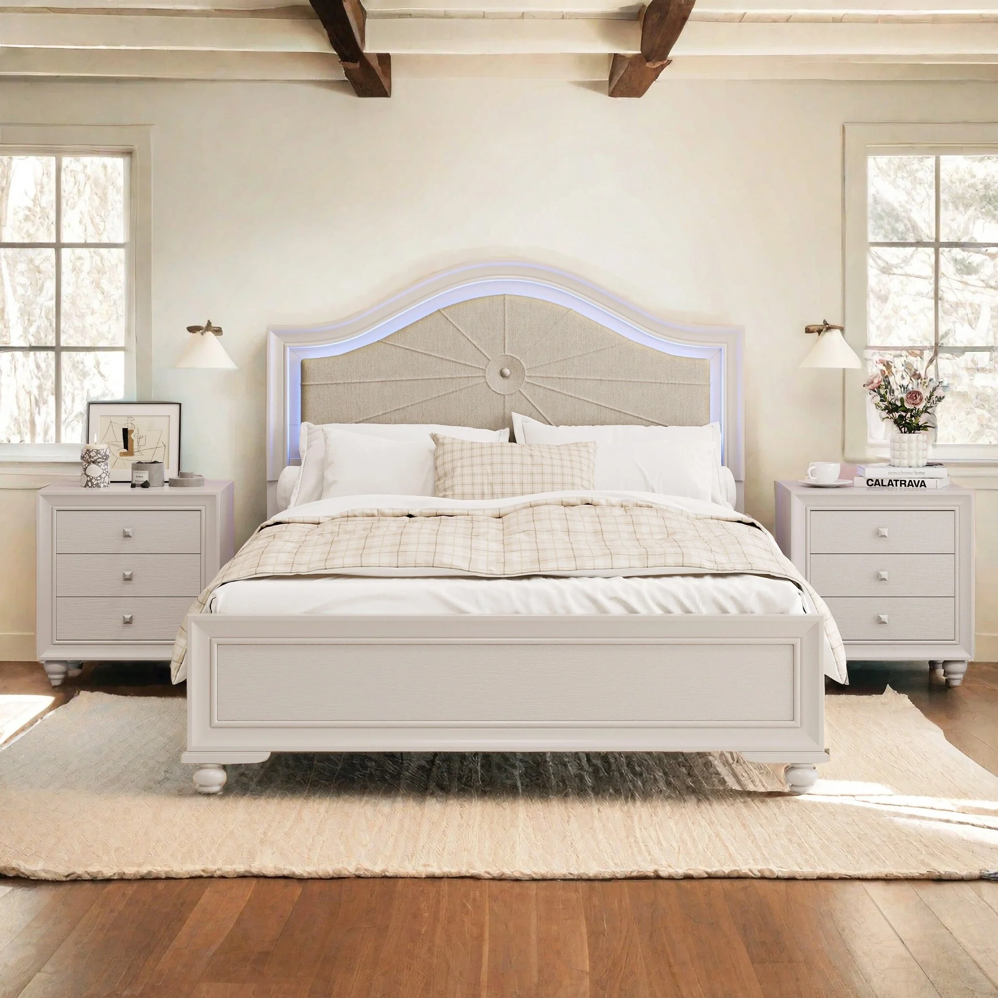 Roomfitters Full/Queen Size Wood Bed, Lighted Curved Headboard, Upholstered Frame, No Box Spring, Cream Grey