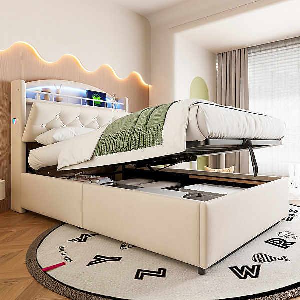 Lit simple rembourré 90 sur 200 en velours avec LED port USB et rangement multifonctionnel couleur beige