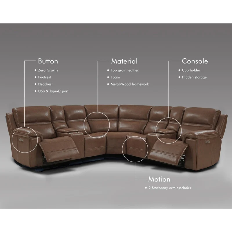121 W Premium Genuine Leather Dual-Power Sectional Sofa with Console, Zero Gravity, Adjustable Headrest