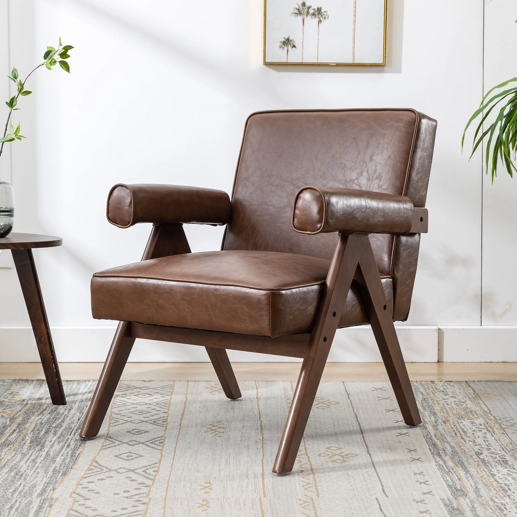 Linen/PU Upholstered Mid-Century Accent chair With Wood Legs