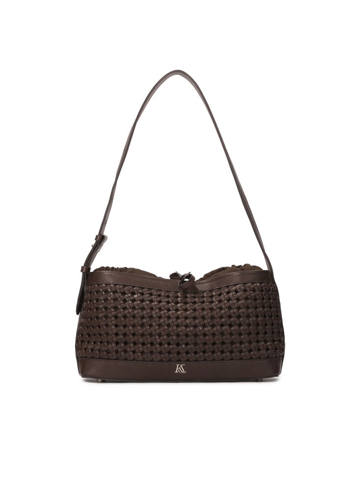 Oblong brown handbag with braided pattern