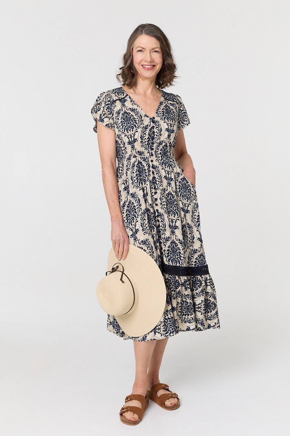 Izabel London Ikat Print Shirred Lace Midi Dress
