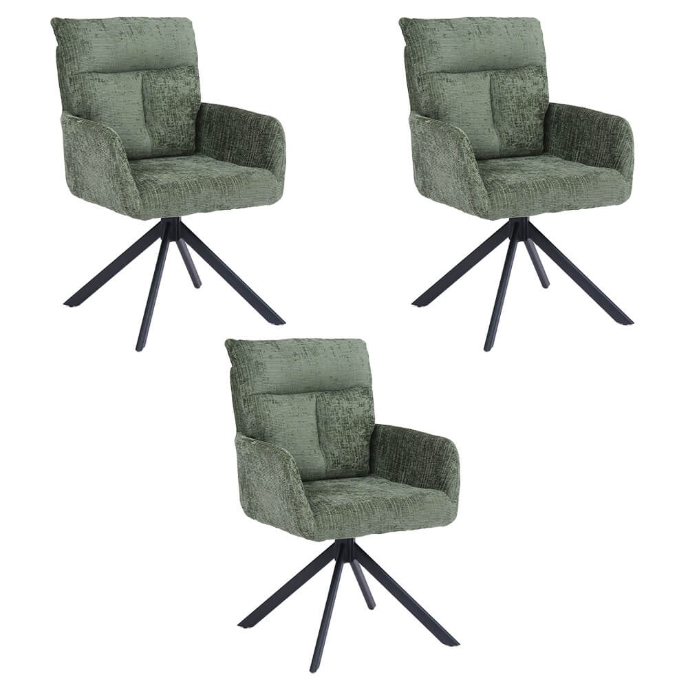 Home Deluxe ALUNA chenille eetkamerstoel met armleuningen - set van 3 Groen