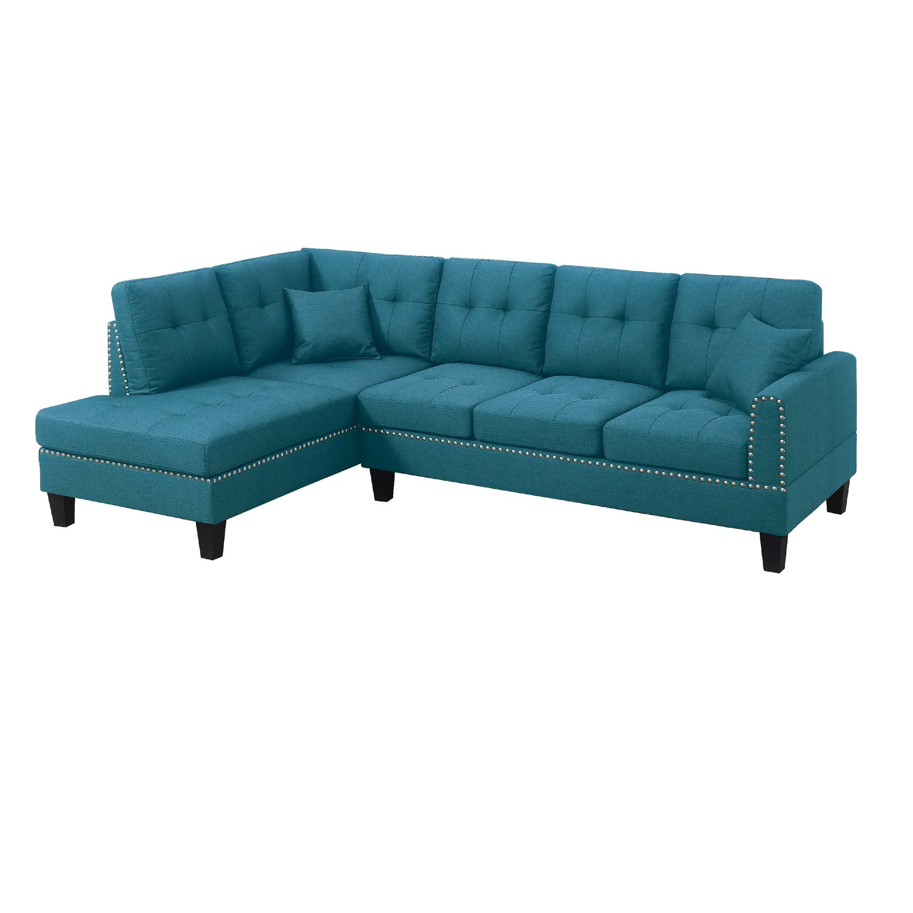 Ena 2pc Sectional Sofa Set with Chaise, 2 Pillows, Azure Green Linen