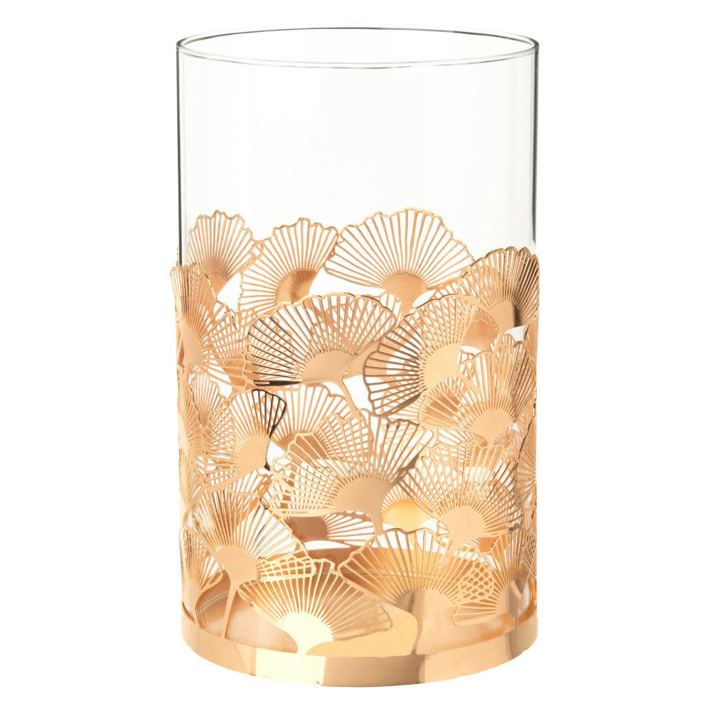 - Lanterne en verre teinté feuilles de ginkgo en métal doré
