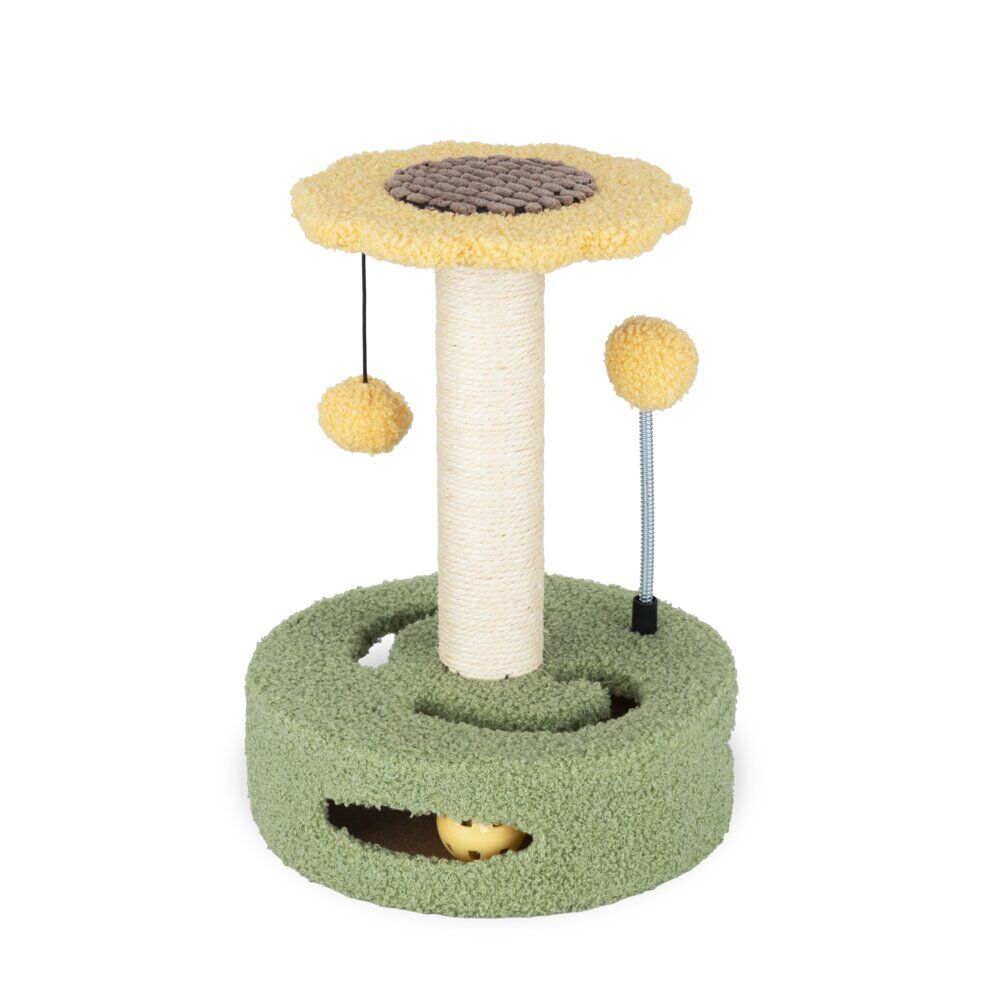 Arbre à chat forme fleur 1 perchoir 1 griffoir 3 jeux jaune et vert Ø26xH35cm