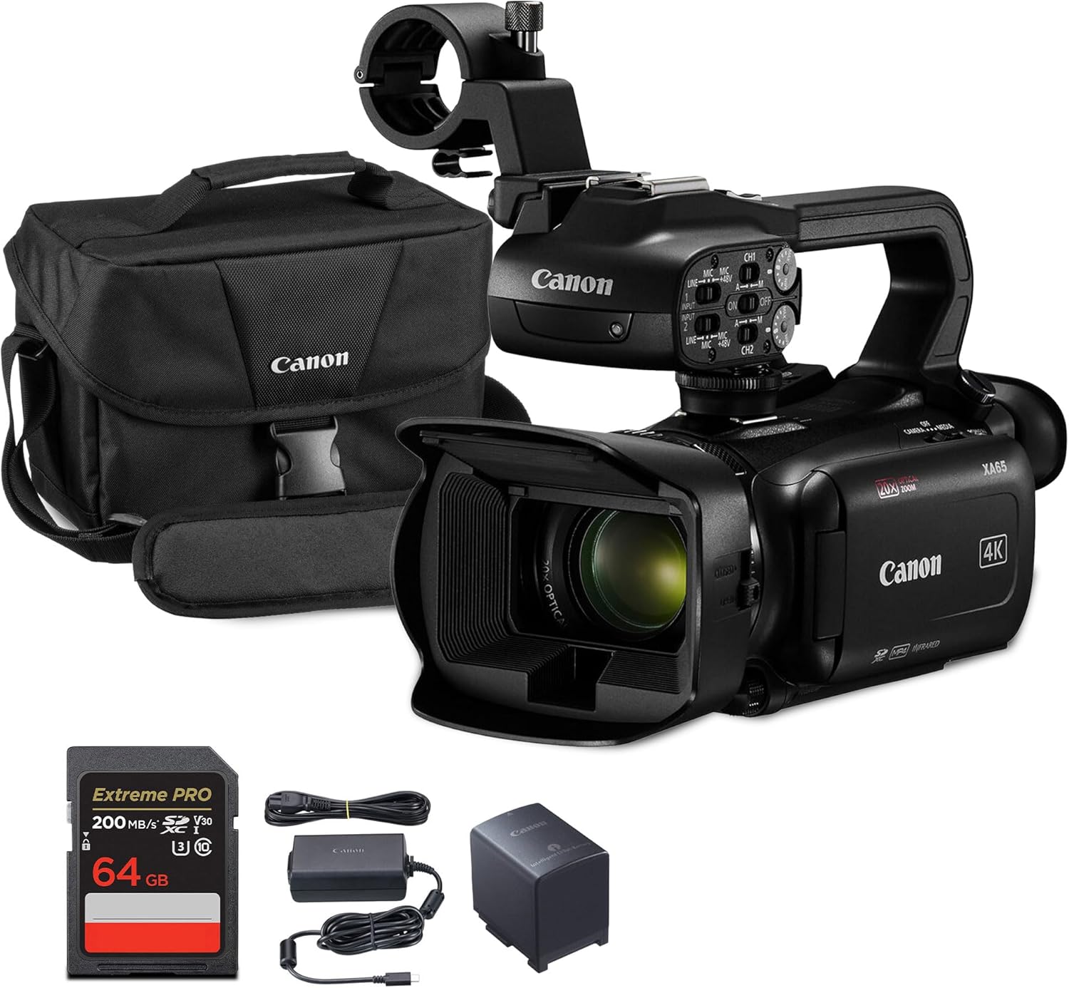Canon XA65 Professional UHD 4K Camcorder with 20x Optical Zoom  3G-SDI  Dual XLR Audio  3.5 Touchscreen  USB-C  Optical is  Live Streaming Bundle with 200ES Bag + More
