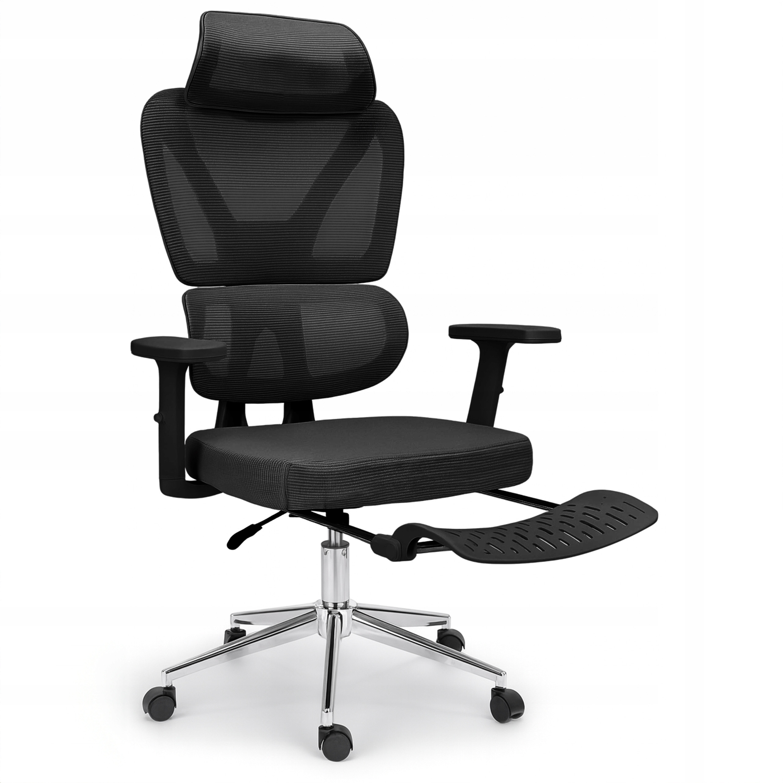 Fotel biurowy ergonomiczny krzesło zagłówek regulacja podnóżek KB107 czarny