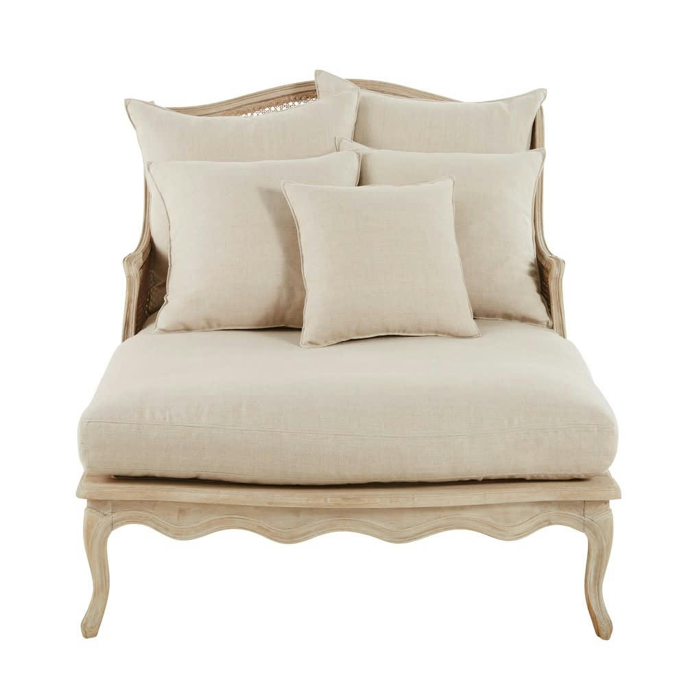 Meredith - Méridienne en rotin et lin gris clair