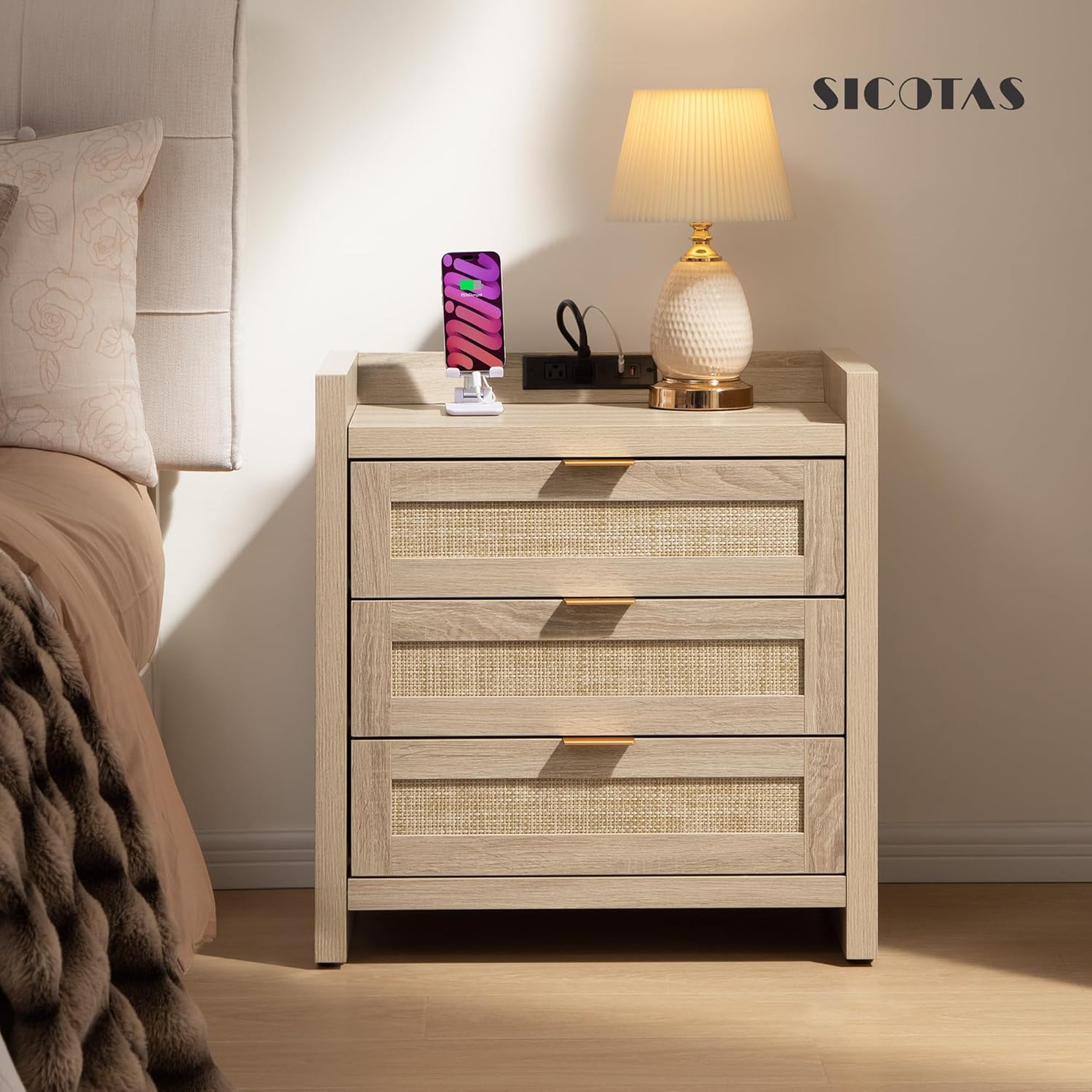 SICOTAS Rattan Nightstands Set of 2 Bedside Table - Larger Night Stand with Type-C Charging Station, 3 Drawers Storage, Boho Night Stands End Table for Bedroom Office - Light Oak