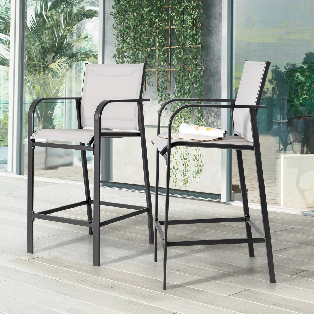 Nuu Garden Outdoor 2-Piece Textilene High Bar Stools, Gray
