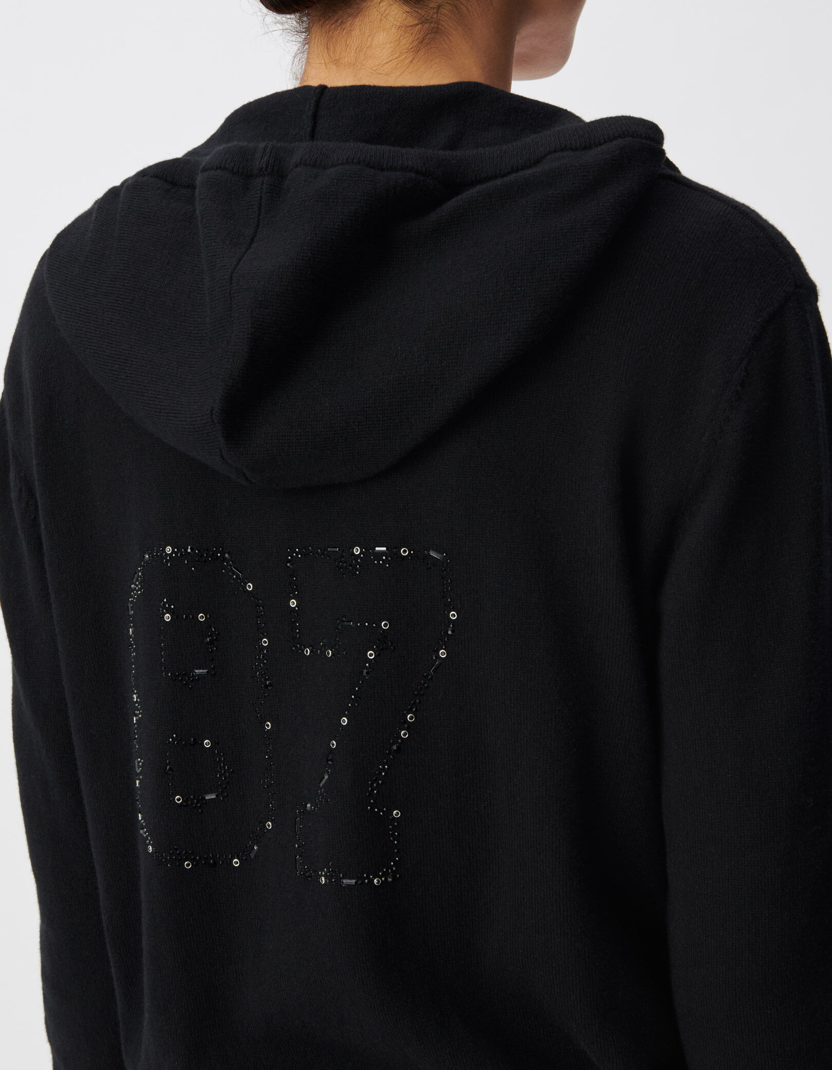Cardigan capuche noir tricot chiffres strass dos Femme