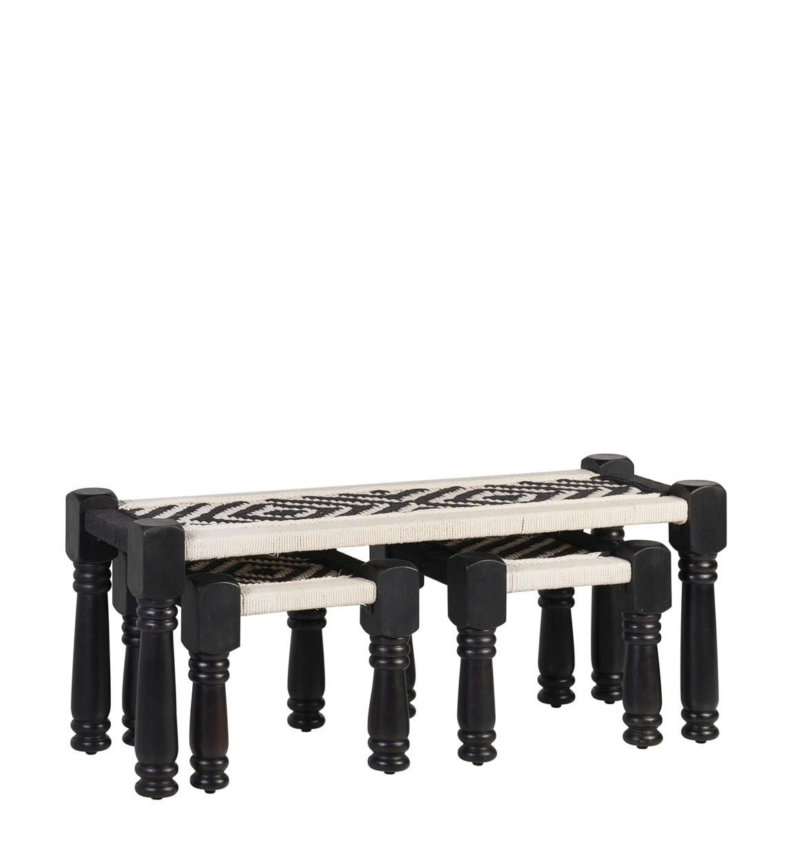 - Set de 2 bancs et 2 tabourets en bois et ficelle bicolorée