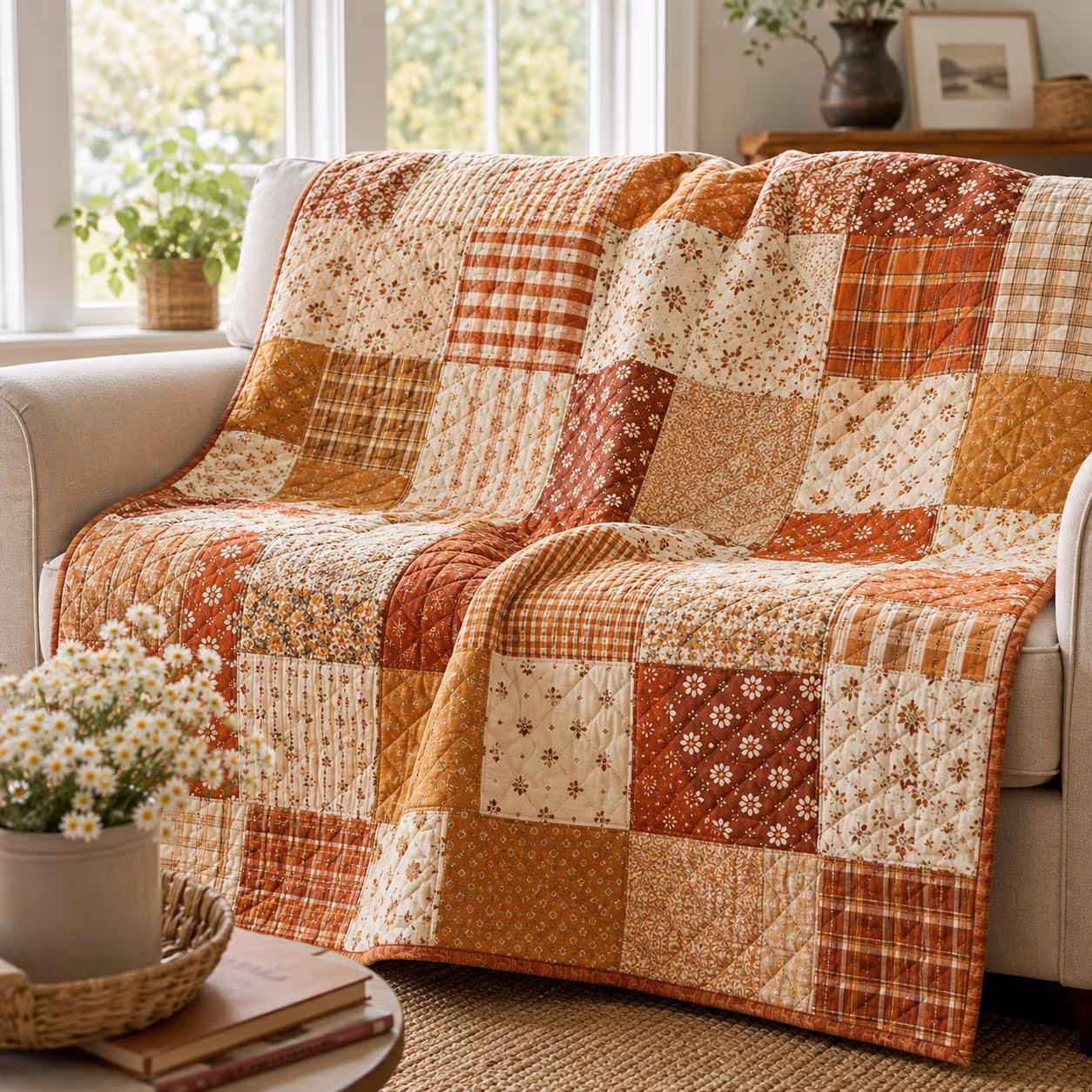 Patchwork Style Blanket, Vintage Floral Throw, Cottagecore Farmhouse Bedding