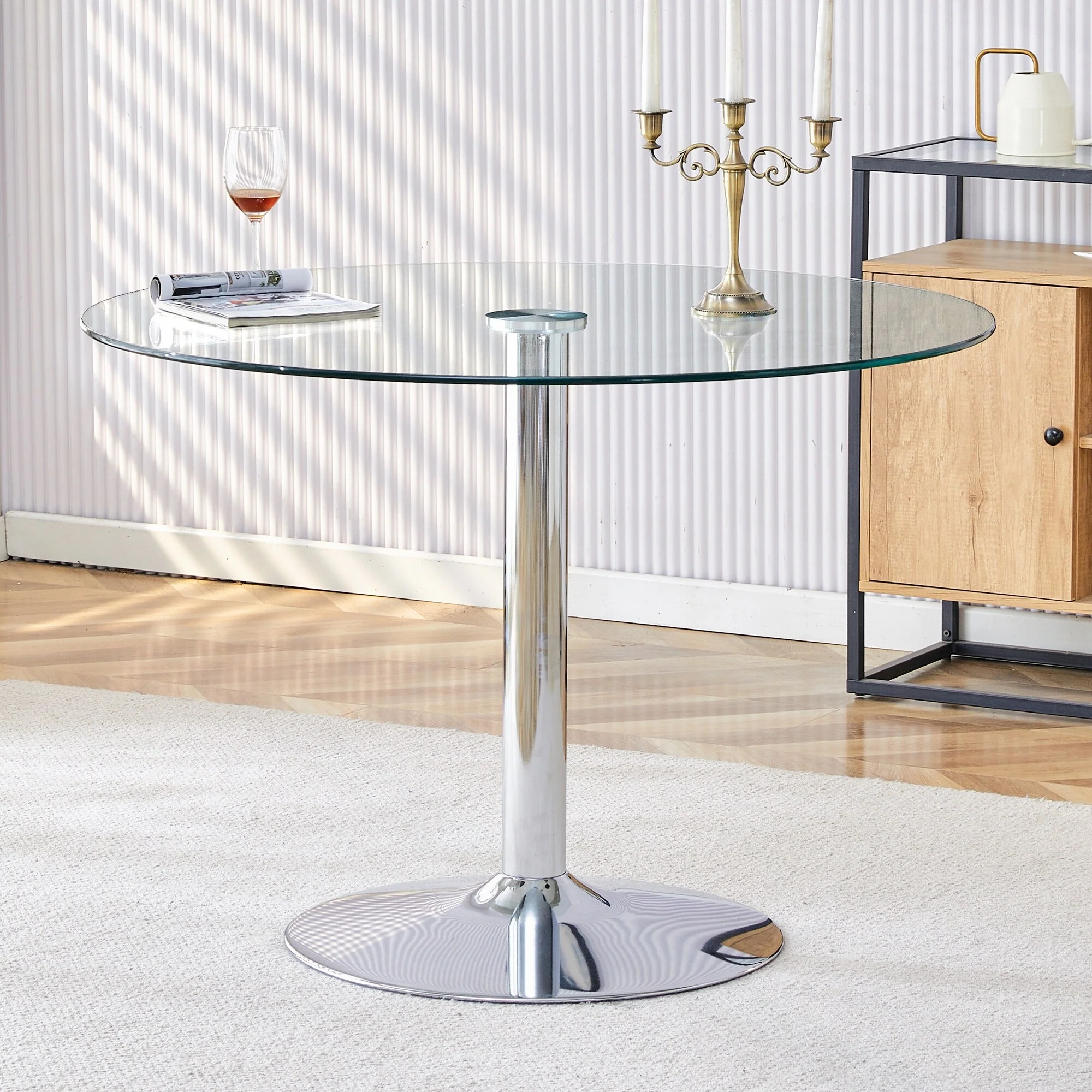 Modern Circular Dining Table with Stylish Glass Top and Sturdy Metal Legs for Various Spaces