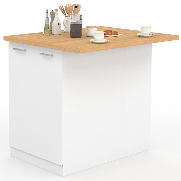 Ilot central IVO 100 cm blanc avec plan de travail façon hêtre