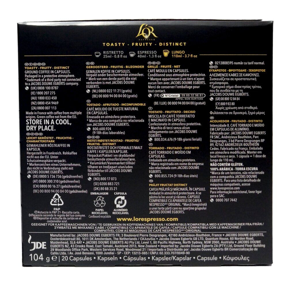 Café capsule L'or Lungo profondo 20 doses intensité 8