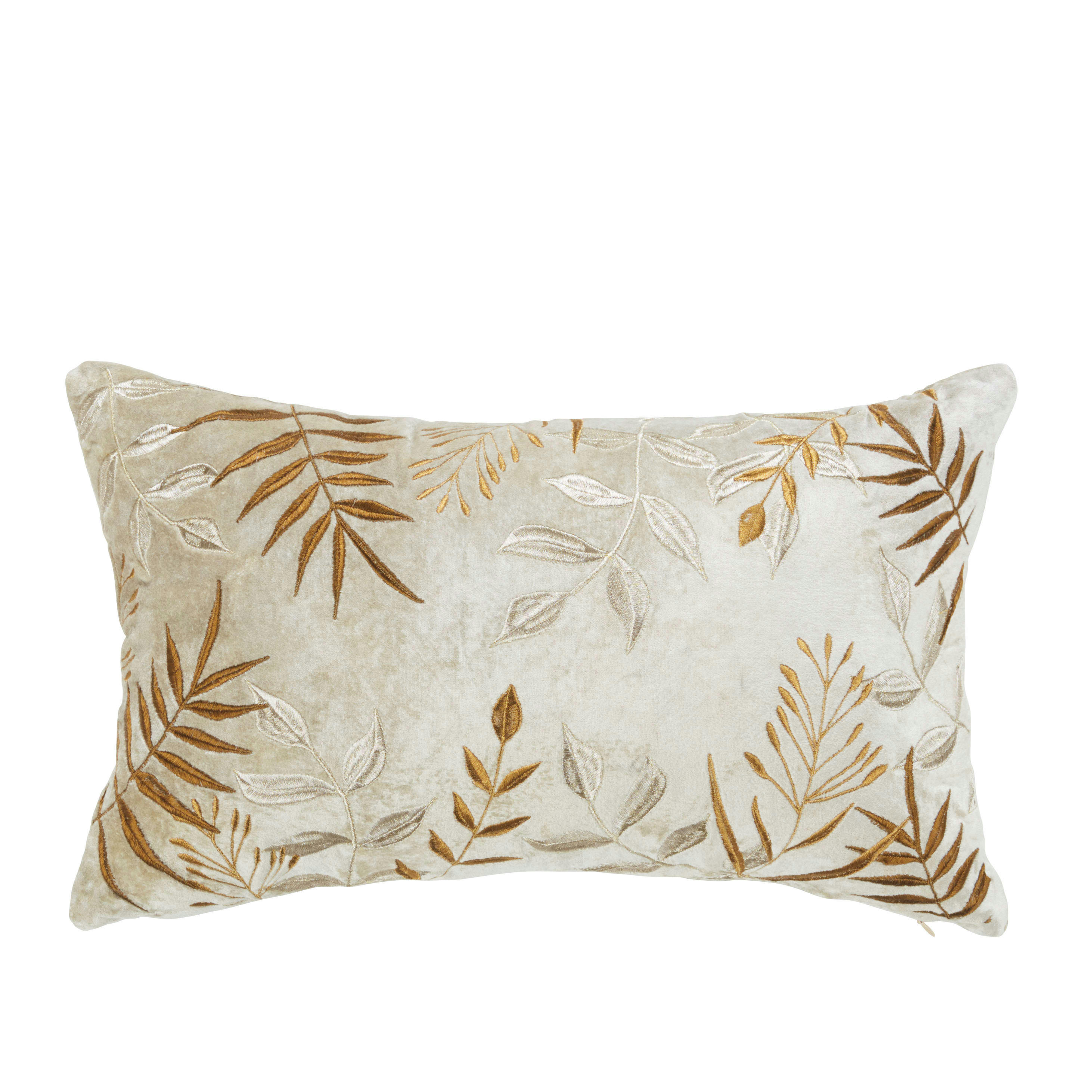 NIGATA - Coussin en velours beige et bronze motif végétal brodé