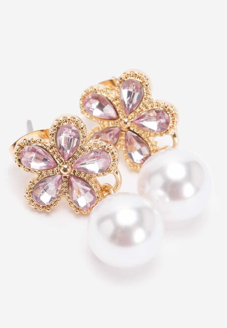 Womens Gold Diamante Flower Pearl Drop Earrings