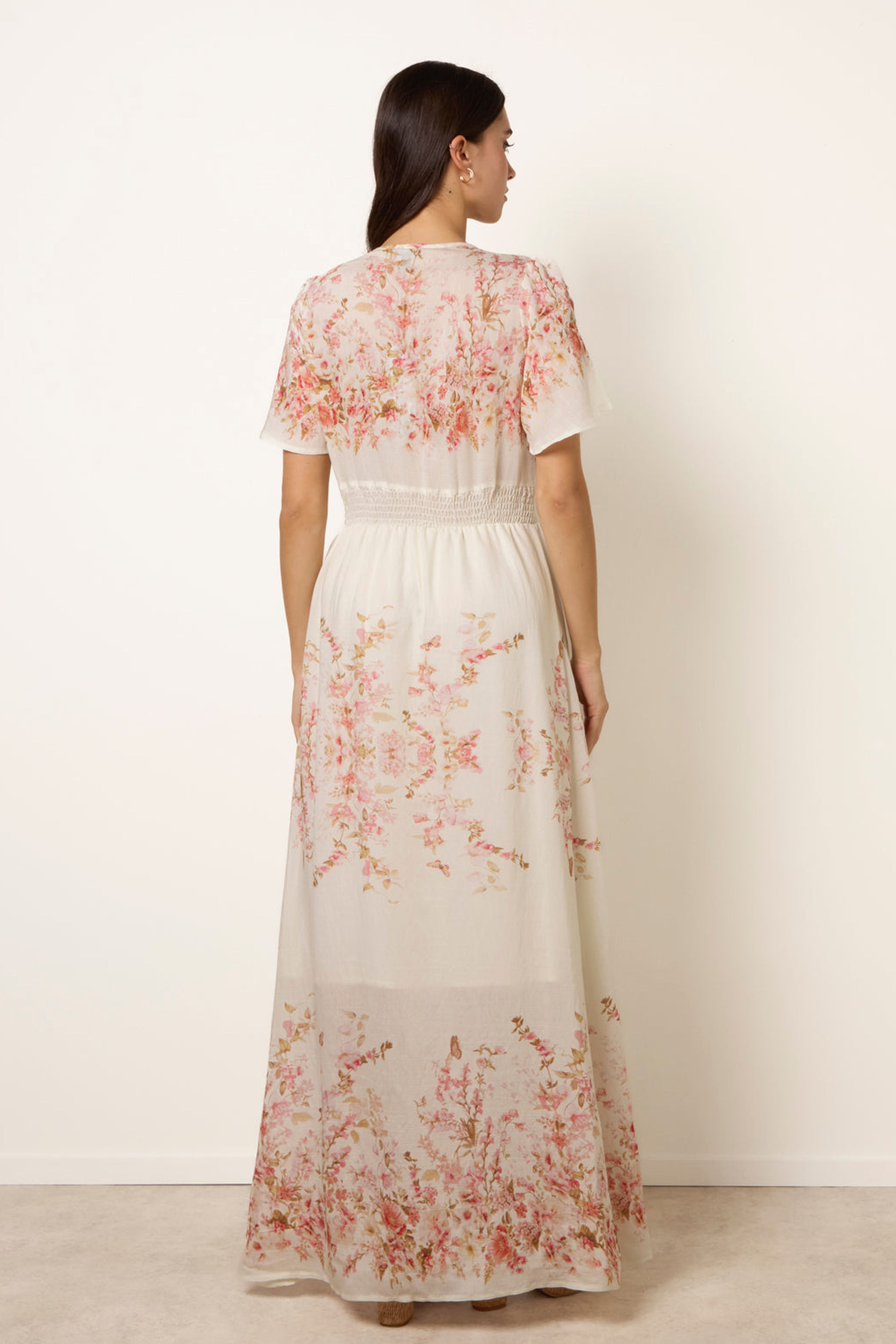 Blue Vanilla Cream and Pink Floral Print Button Front Maxi Dress