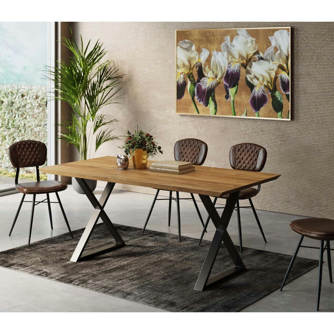 CROSS - Table à manger 8 personnes chêne biseauté et acier noir L180