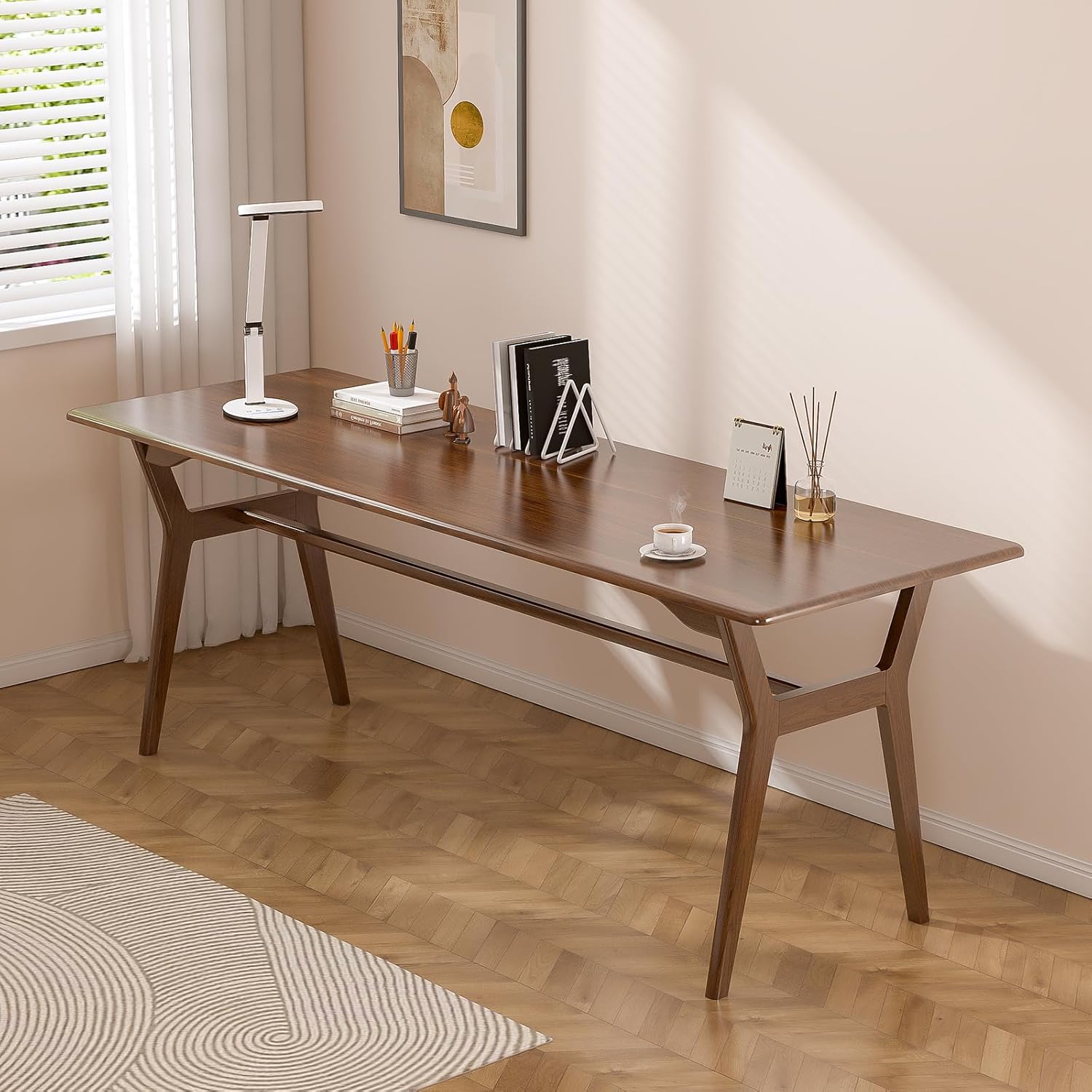 Solid Wood Study Desk - 71 Double Long Computer Table for Home Office, 2-Person PC Workstation, Walnut