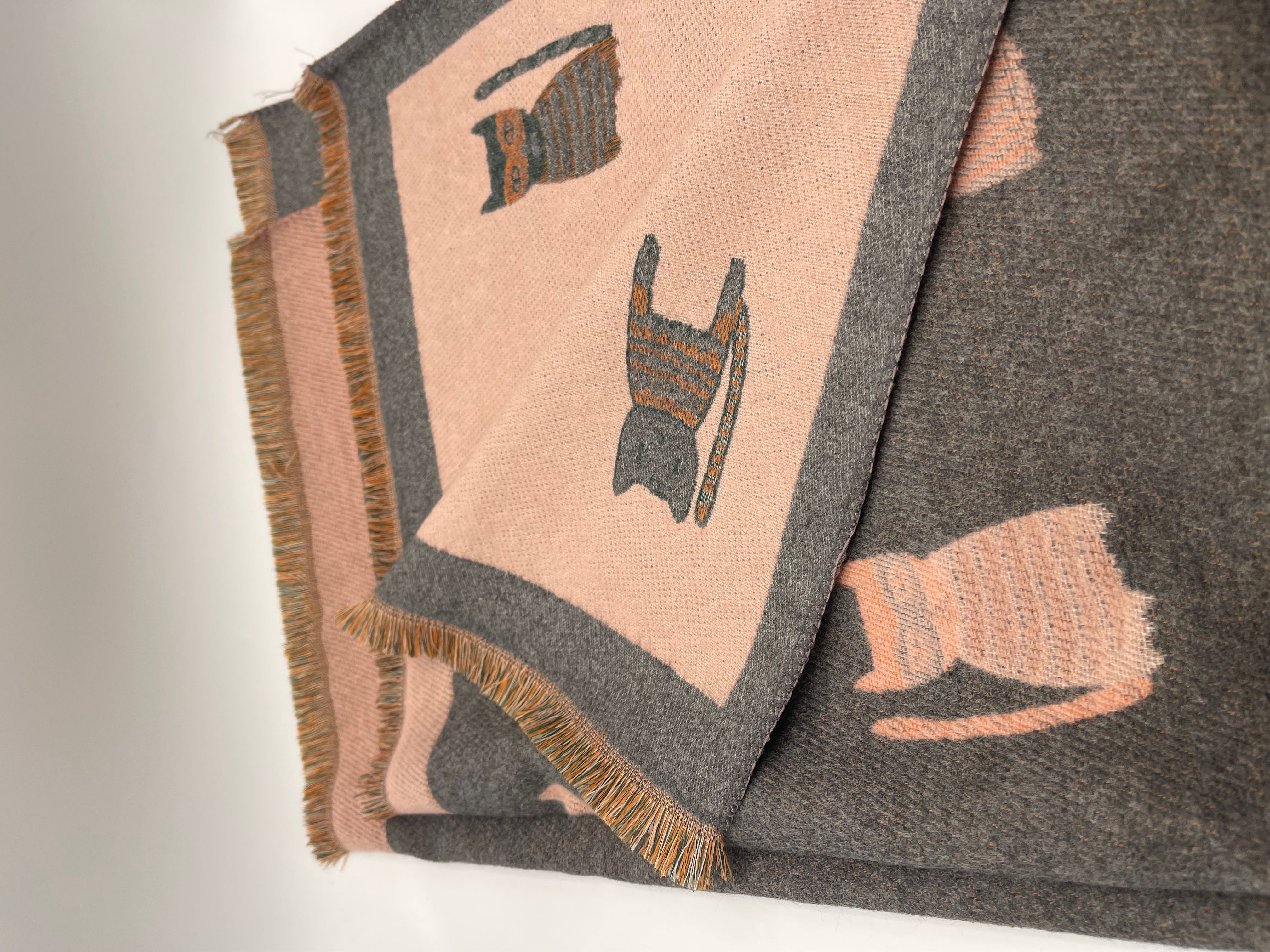 SVNX Cat Printed Scarf in Pink & Grey - Wool Blend