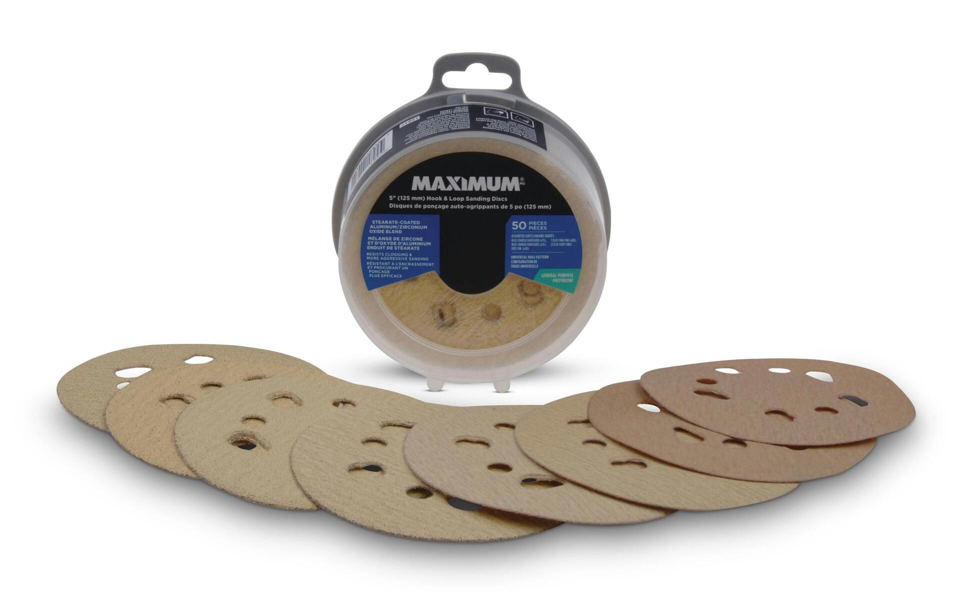 MAXIMUM 5-in Assorted Grit Universal Hole Aluminum Oxide Random Orbit Sanding Disc Set for Wood, Metal, Plastic, 50-pc