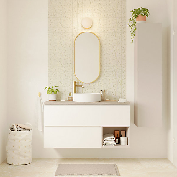Ensemble meubles de salle de bains Kentia l.120 cm blanc mat et beige cachemire avec plan de toilette Cadélia effet travertin