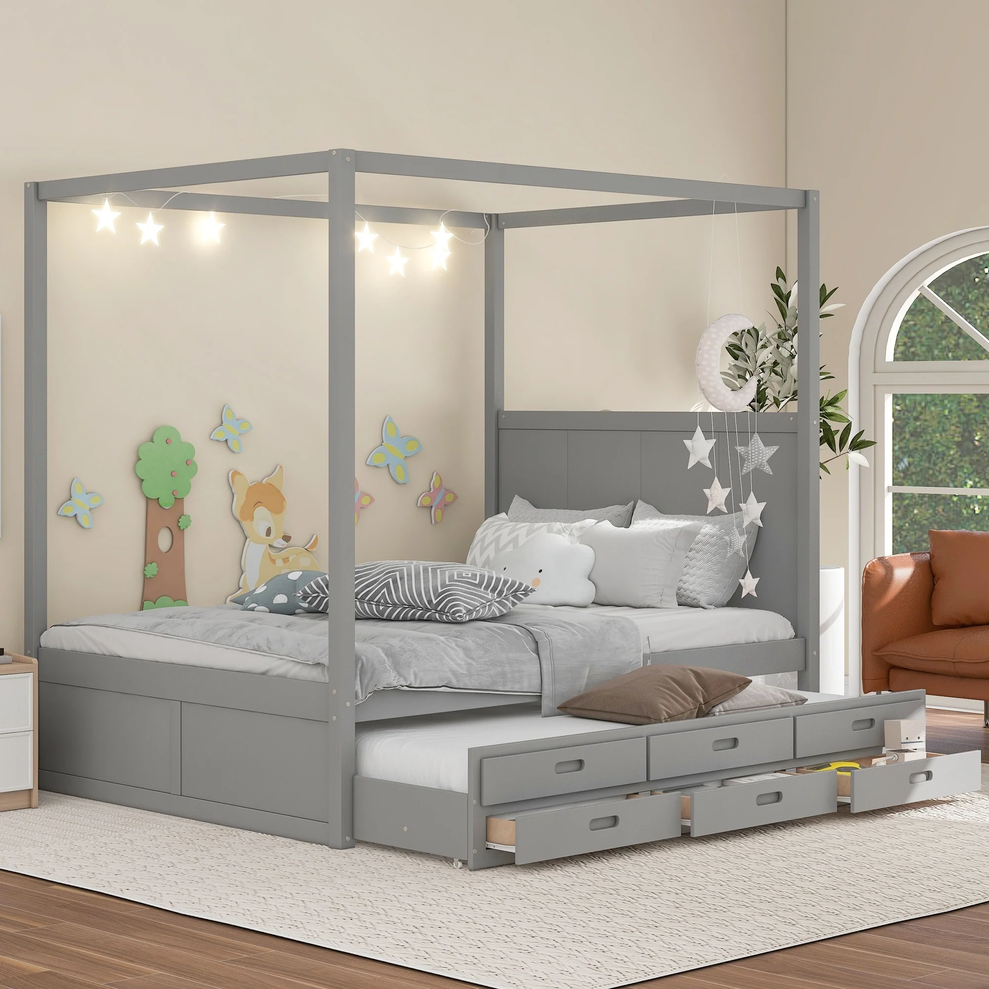 Queen Pinewood Canopy Bed with Twin Trundle