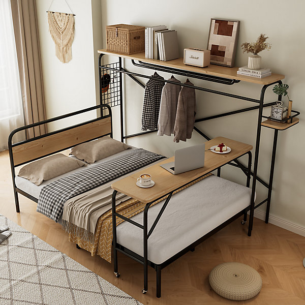 Lit 140x200 cm cadre métal noir avec table mobile, tête en MDF naturel pour chambre compacte