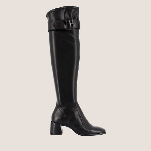 Bottes à talons et bouclesen cuir noir et stretch noir | AUGUSTINE