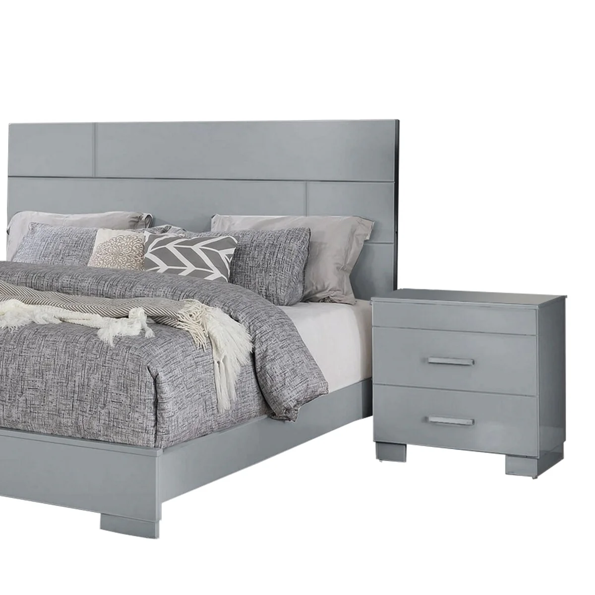 Contemporary 5 Piece Glossy Wooden Queen Bedroom Set, Gray