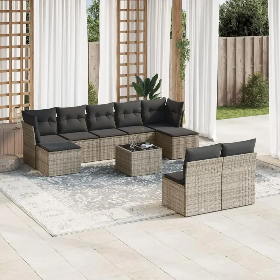 vidaXL 10-delige Loungeset met kussens en tuintafel - Grijs - Poly Rattan