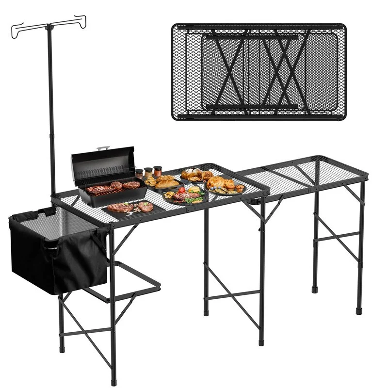 Picnic Folding Table with 2 Wings, Mesh Bag, Mesh Top, Height Adjustable, Portable Outdoor Table