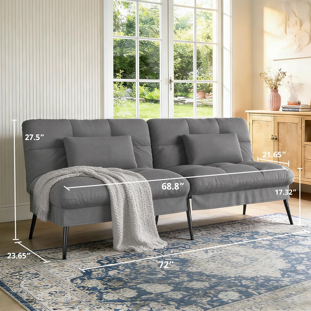 COMHOMA 72″Futon Sofa Bed,Modern Convertible Sleeper Sofa, Fabric Futon Couch with Multi-Position Backrest for Living Room Furniture (Grey)