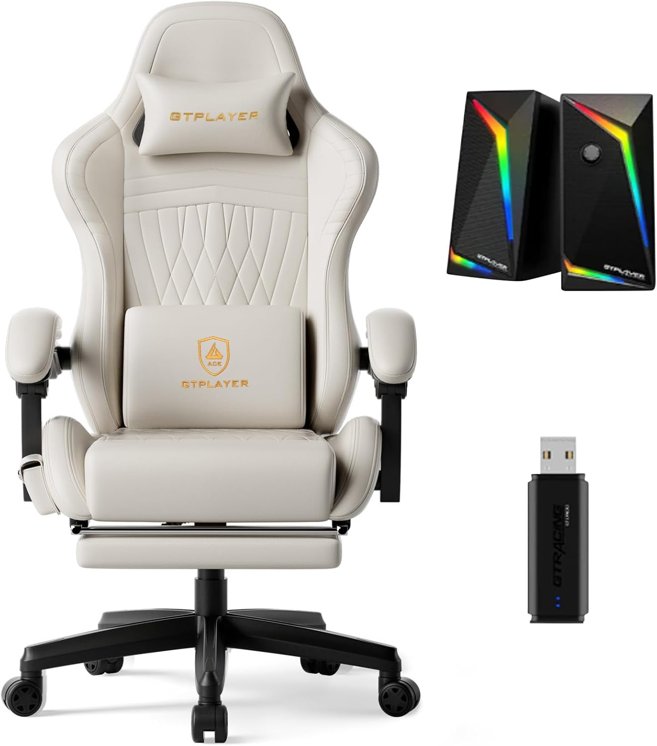 GTPLAYER Gaming Chair Bundle with Integrated Speakers, RGB Computer Speakers & USB Adapter – Ergonomic Music Chair for Surround Sound, Wireless & Complete Entertainment Setup, Ivory