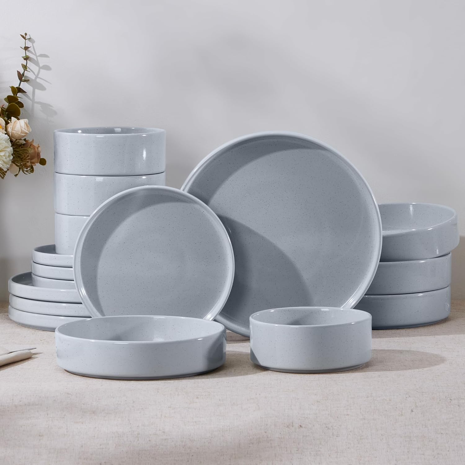 E-far 16-Piece Plates and Bowls Sets - Stoneware Dinnerware Sets with Pasta Bowls for 4 | Microwave & Dishwasher Safe Kitchen Modern Dish Set, Speckled Gray