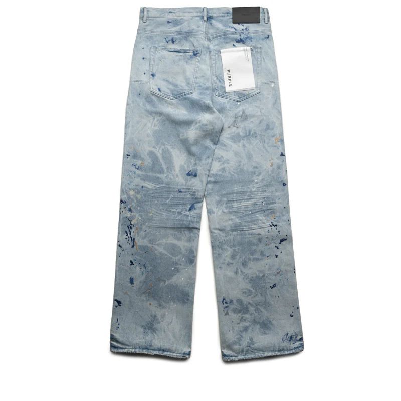Purple Brand Mid Rise Baggy Leg Bleach Paint Embroidery Jean - Light Indigo