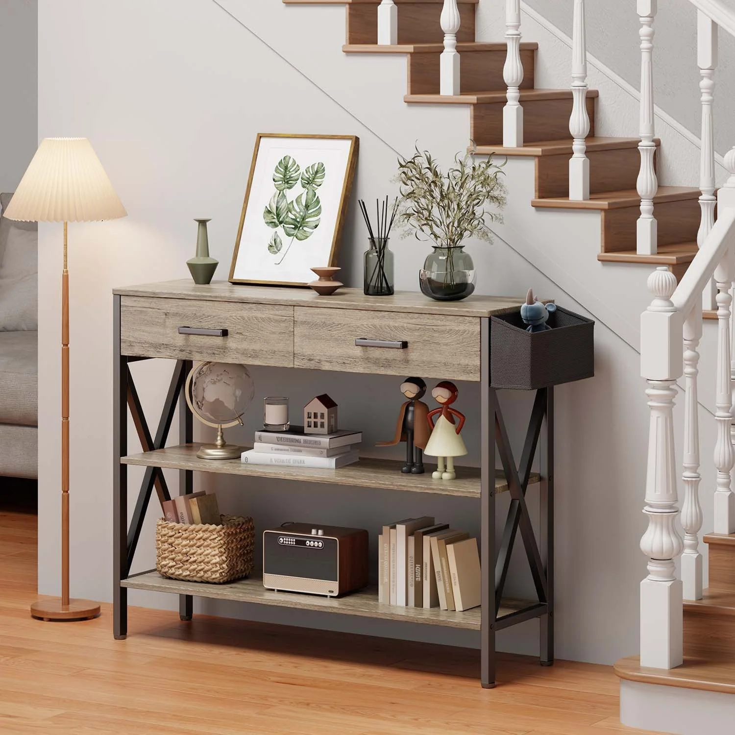 Multi-function Console Table with 2 Drawers, Entryway Sofa Table with 3 Tier Storage Shelves